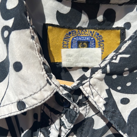 Vintage Silk Black and White Star Pop Art Print Baccini Button Down, Size M - Picture 2 of 6